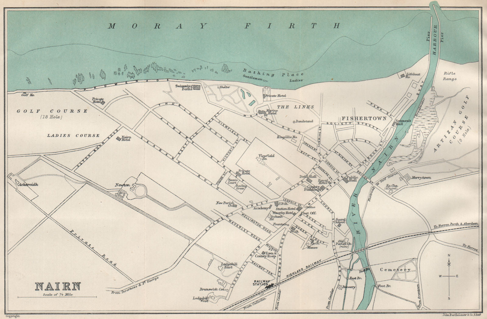 NAIRN town/city plan. Scotland. BARTHOLOMEW 1911 old antique map chart